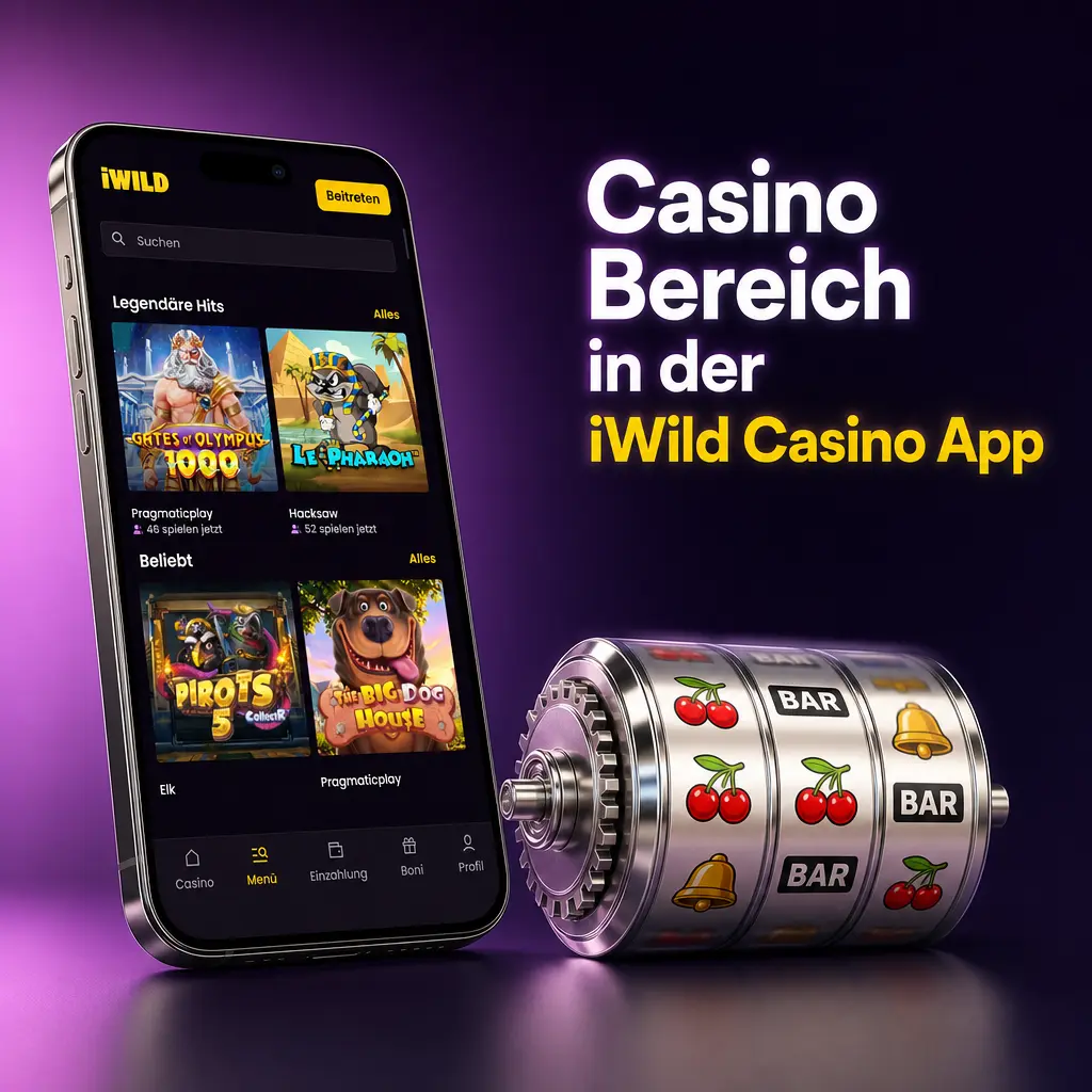 Casino Bereich der iWild Casino App mit Slots, Live Casino, Crash Games und Tischspielen auf dem Smartphone