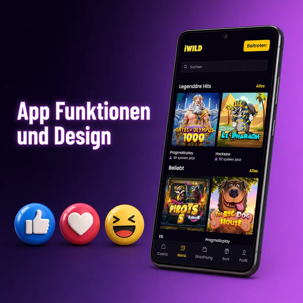 iWild Casino App Design mit dunklem Violett, mobiler Navigation, Sportwetten, Casino und Bonusbereich