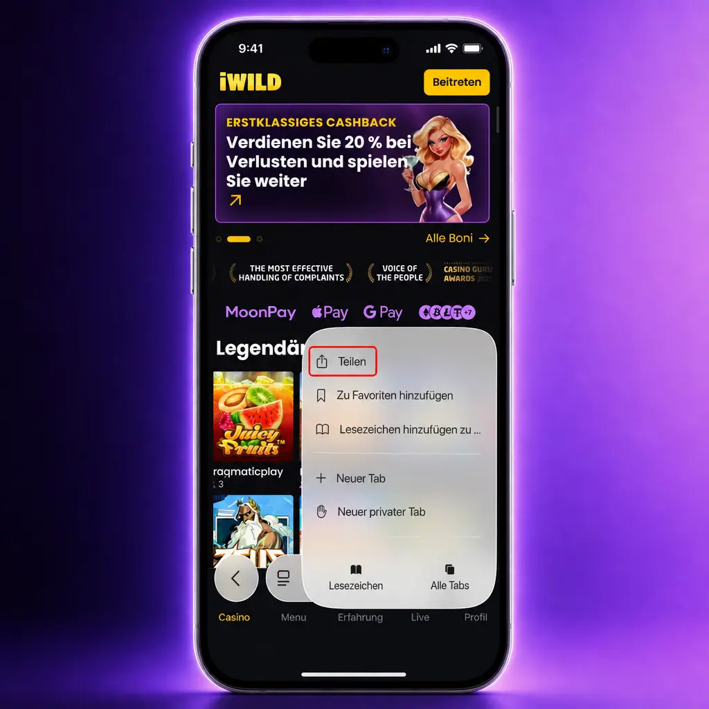 iWild Casino iOS App Anleitung: PWA in Safari öffnen, zum Home-Bildschirm hinzufügen und einloggen