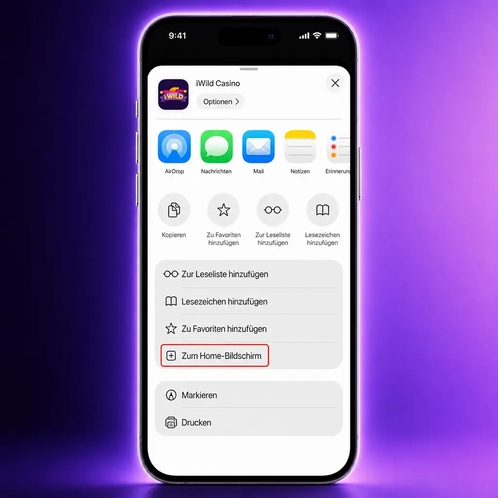 iWild Casino App für iOS: Anleitung zum Hinzufügen der PWA über Safari zum Home-Bildschirm auf dem iPhone