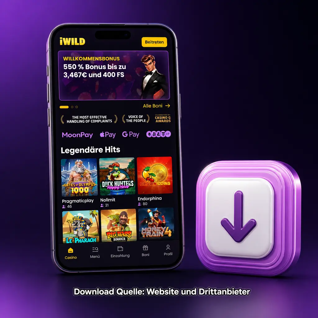 Sicherer iWild Casino APK Download über offiziellen Website-Button statt Drittanbieter-Quellen