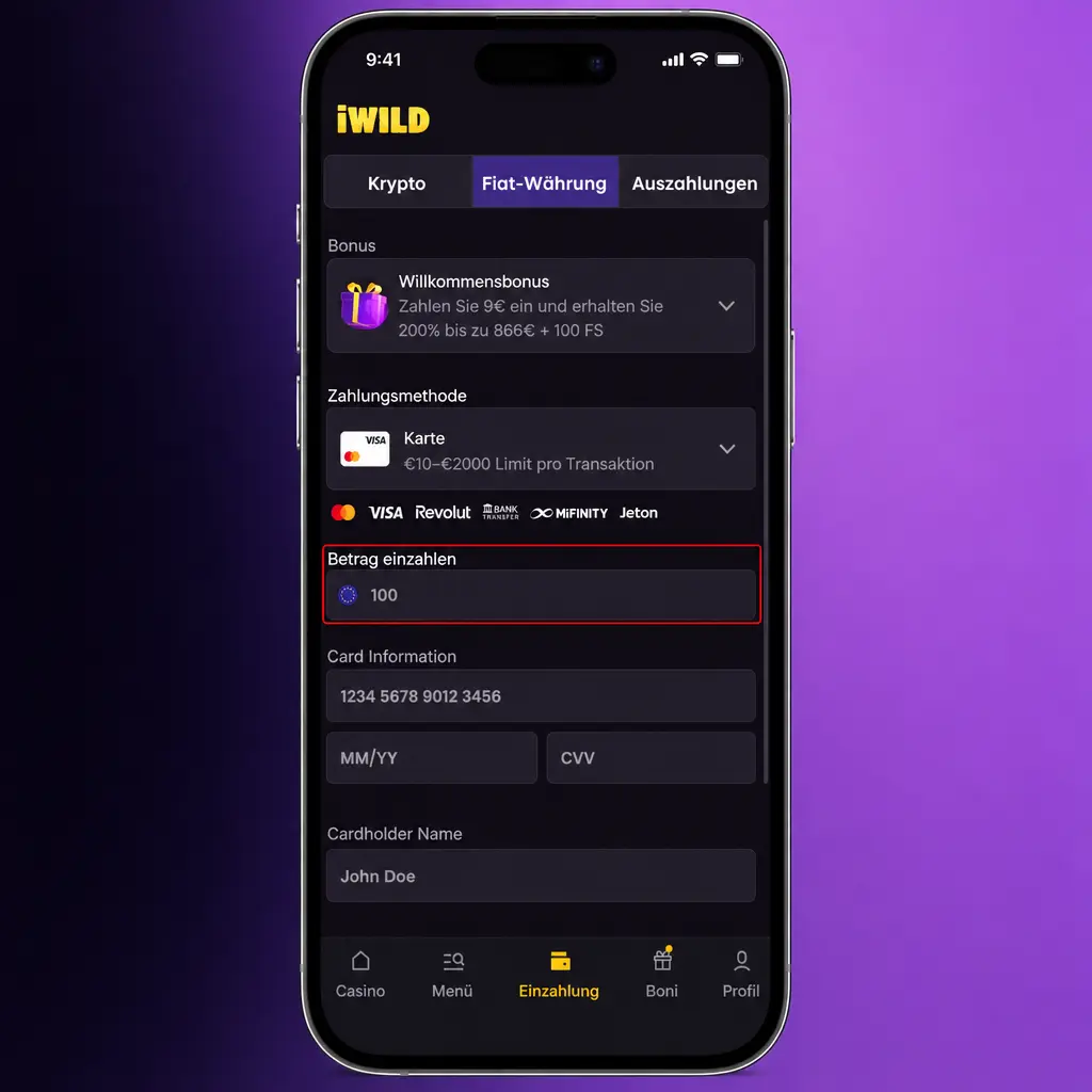 Smartphone zeigt Einzahlung über App mit Schritten zu Betrag, Zahlungsart, Bonuscode und Guthabenprüfung