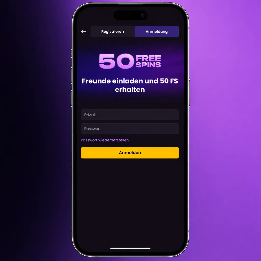 App-Einzahlung in der mobilen Kasse mit Betrag, Bonuscode und Zahlungsarten wie Karte, Bank oder Krypto
