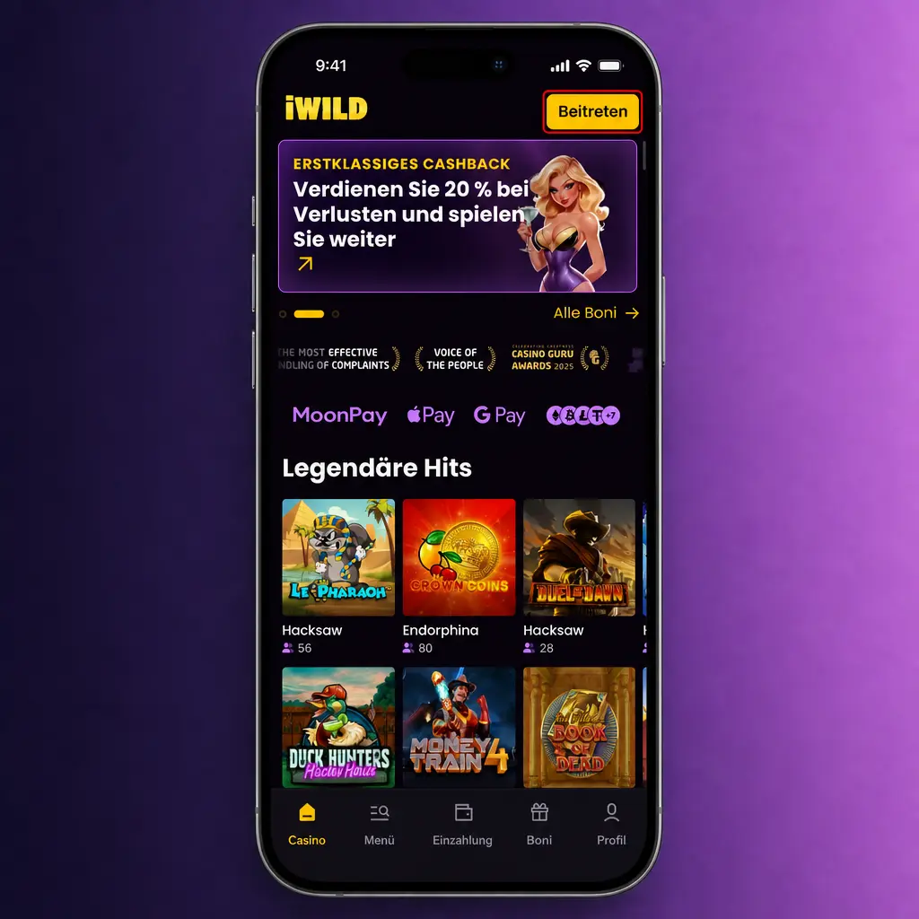 Screenshot der iWild Casino Registrierung in fünf Schritten mit E-Mail, Passwort, Datenprüfung und SMS-Code