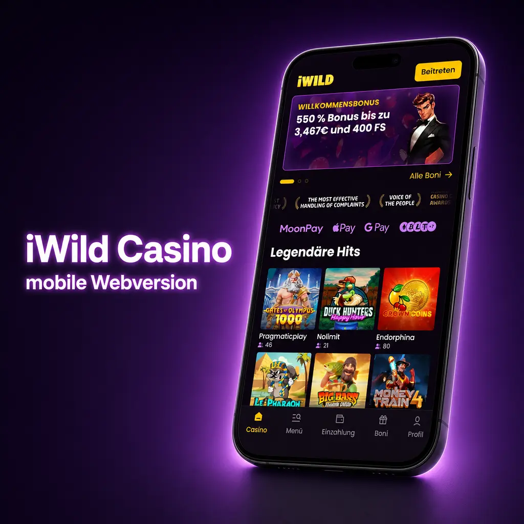 iWild Casino mobile Webversion auf Smartphone mit Casino, Sportwetten, Bonus und Zahlungen ohne Installation