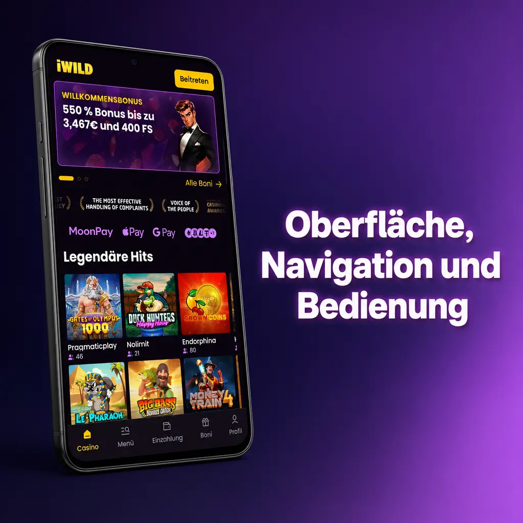 Mobile Wettanbieter-Oberfläche mit Navigation, Wettschein, Casino-Suche und Anbieterfiltern