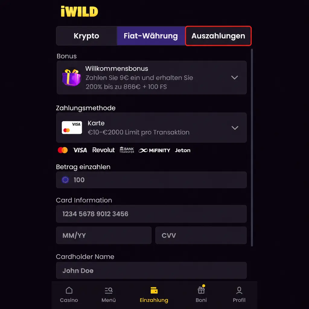 Schritt-für-Schritt-Anleitung zur Auszahlung von Gewinnen im iWild Casino mit Methode, Limit, KYC und Status