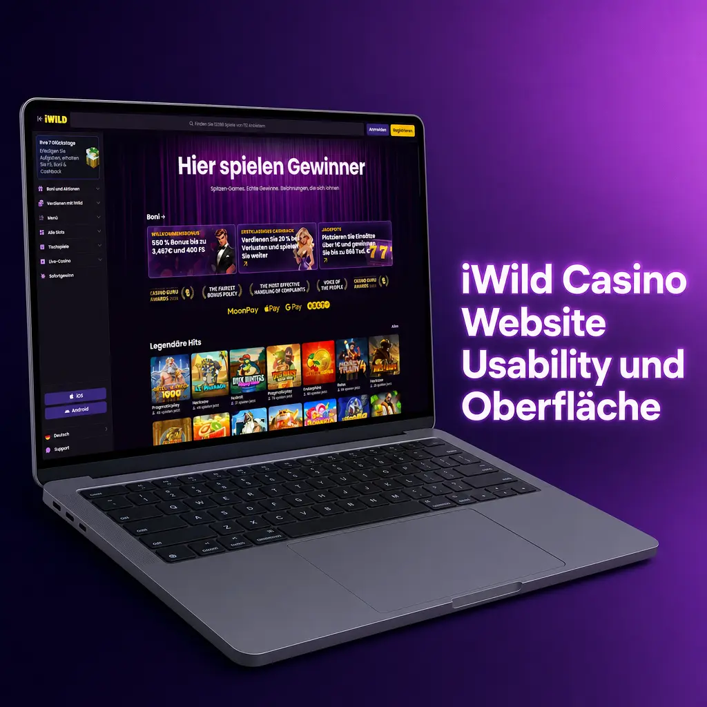 iWild Casino Website mit dunklem Violettdesign, Neonakzenten, Spielkacheln, Navigation und mobiler Ansicht