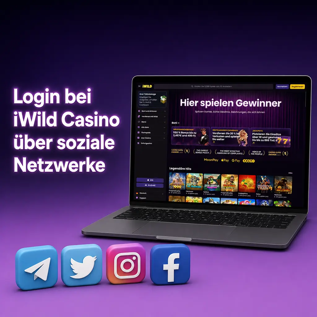 iWild Casino Anmeldung über soziale Netzwerke mit Symbolen für Google, Telegram und weitere Konten