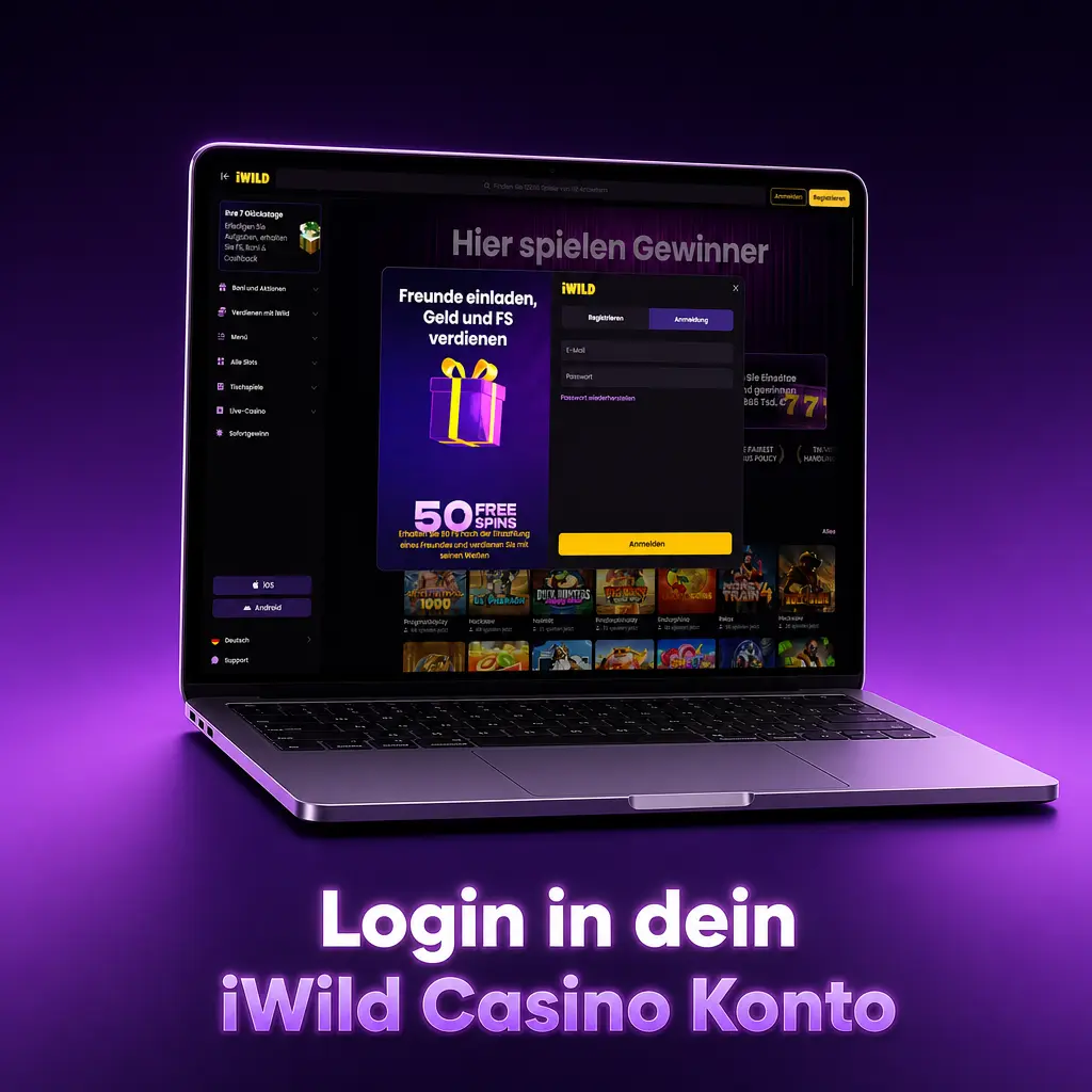 iWild Casino Login mit E-Mail, Passwort und Zwei-Faktor-Code für Konto, Kasse, Boni und Sportwetten
