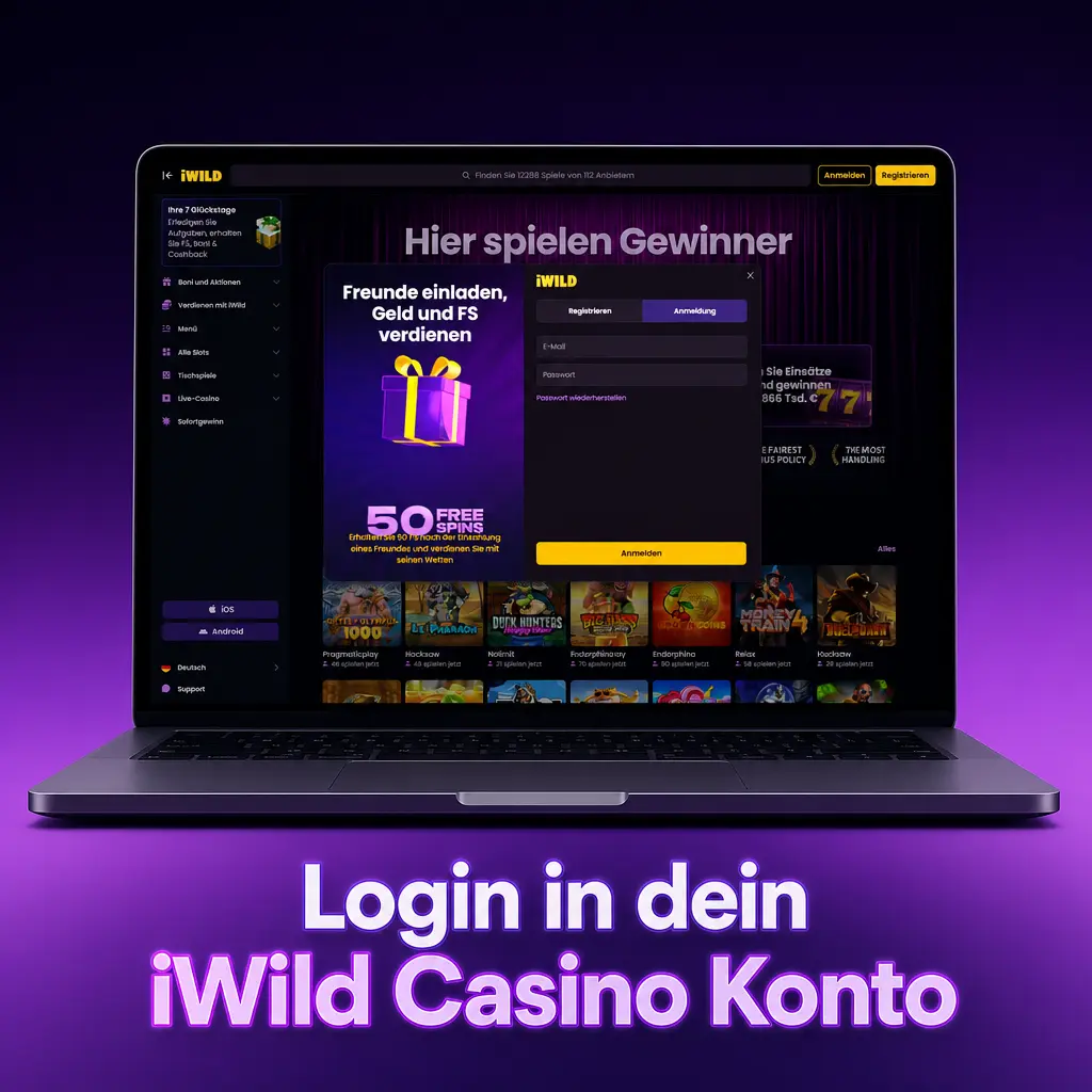 iWild Casino Login mit E-Mail oder Telefonnummer, Passwort und sicherem Zugriff auf die Kontoübersicht